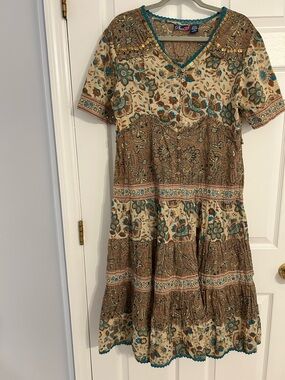 Phool Vintage-Inspired Tiered Midi Dress in Teal and Brown With Buttons and Bead